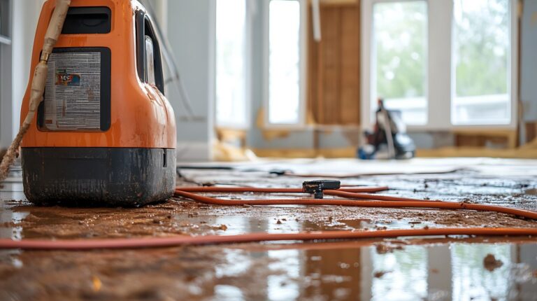 Commercial water damage cleanup equipment drying flooded flooring inside a building during emergency water restoration by Paul Davis Restoration of Brooklyn West